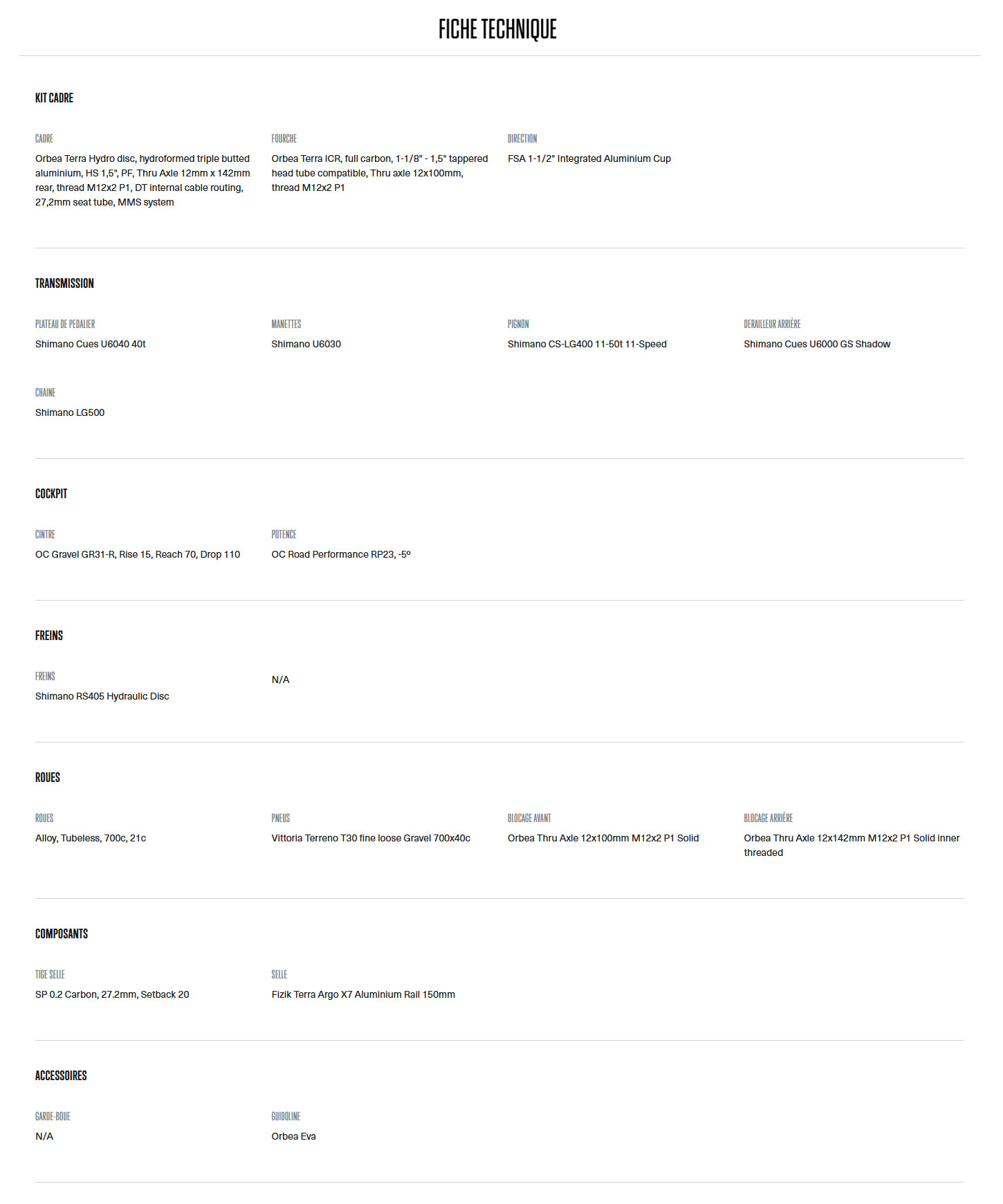 Caractéristique technique du vélo Terra H45 1X année 2026